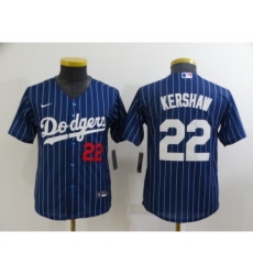 Youth Los Angeles Dodgers #22 Clayton Kershaw Navy Blue Pinstripe Stitched MLB Cool Base Nike Jersey