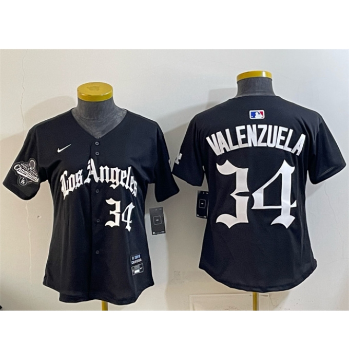 Women's Los Angeles Dodgers #34 Fernando Valenzuela Black 2025 World Series Champions LA Gothic Edition Limited Stitched Baseball Jersey