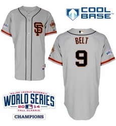 Men's Majestic San Francisco Giants #9 Brandon Belt Authentic Grey Road 2 Cool Base w/2014 World Series Patch MLB Jersey