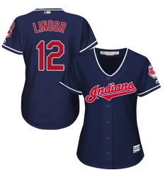 Women's Majestic Cleveland Indians #12 Francisco Lindor Authentic Navy Blue Alternate 1 Cool Base MLB Jersey