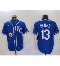 Men's Kansas City Royals #13 Salvador Perez Number Blue KC Cool Base Stitched Jersey