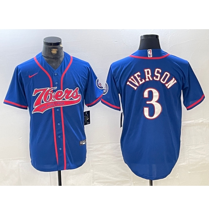 Men's Philadelphia 76ers #3 Allen Iverson Blue With Cool Base Stitched Baseball Jersey