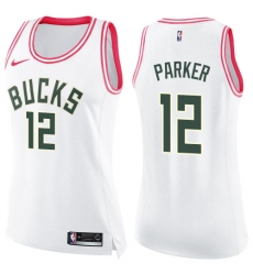 Women's Nike Milwaukee Bucks #12 Jabari Parker Swingman White/Pink Fashion NBA Jersey