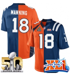 Men's Nike Denver Broncos #18 Peyton Manning Limited Orange/Royal Blue Split Fashion Super Bowl L & Super Bowl XLI NFL Jersey