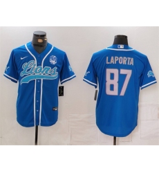 Men's Detroit Lions #87 Sam LaPorta Blue With 90th Anniversary Cool Base Stitched Baseball Jersey