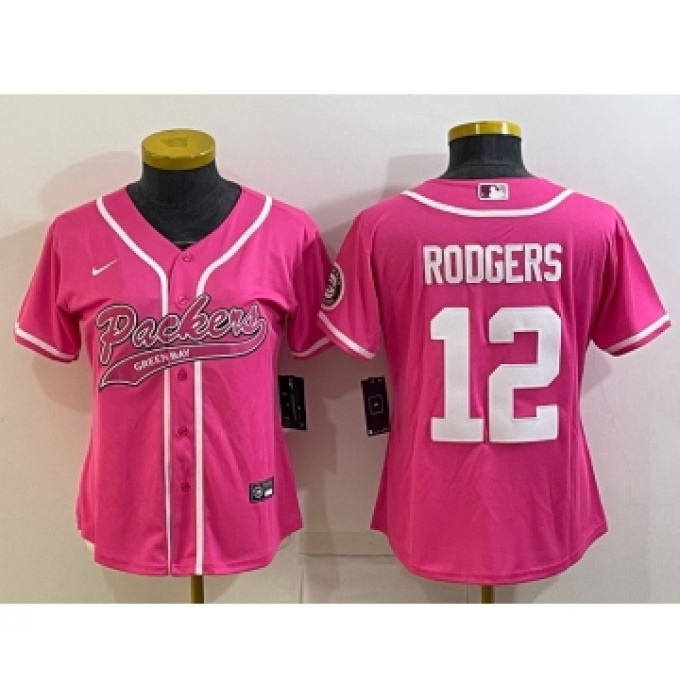 Women's Green Bay Packers #12 Aaron Rodgers Pink With Patch Cool Base Stitched Baseball Jersey