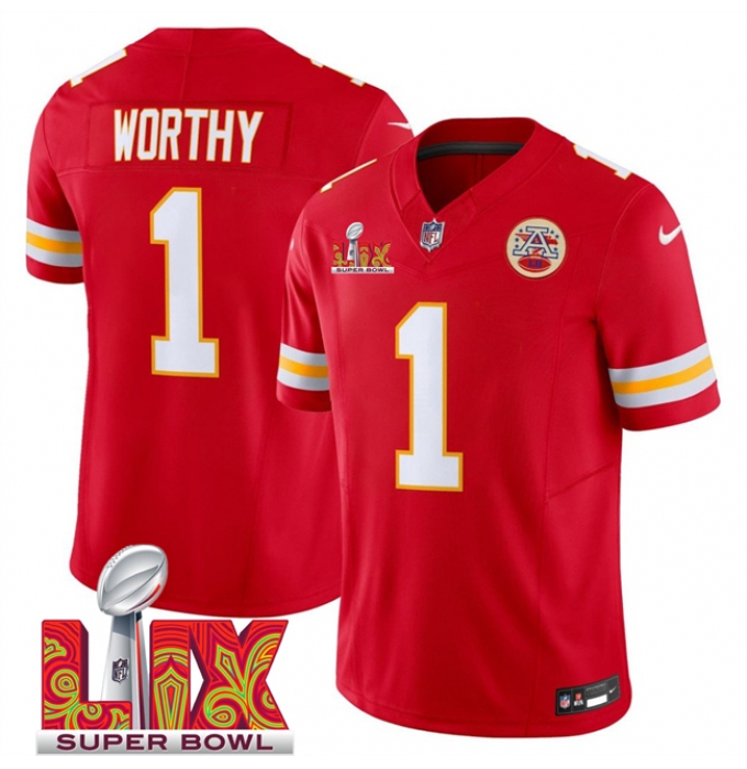 Men's Kansas City Chiefs #1 Xavier Worthy Red 2025 Super Bowl LIX F.U.S.E. Vapor Limited Stitched Football Jersey